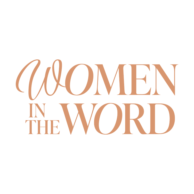 The foreground displays the words "WOMEN IN THE WORD" in a stylish, rose-gold font against a plain white background.