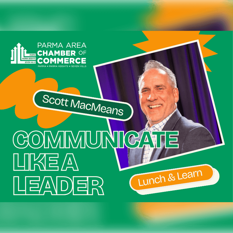 A smiling man in a suit is featured in the foreground against a green background with text that reads "COMMUNICATE LIKE A LEADER" and "Lunch & Learn."