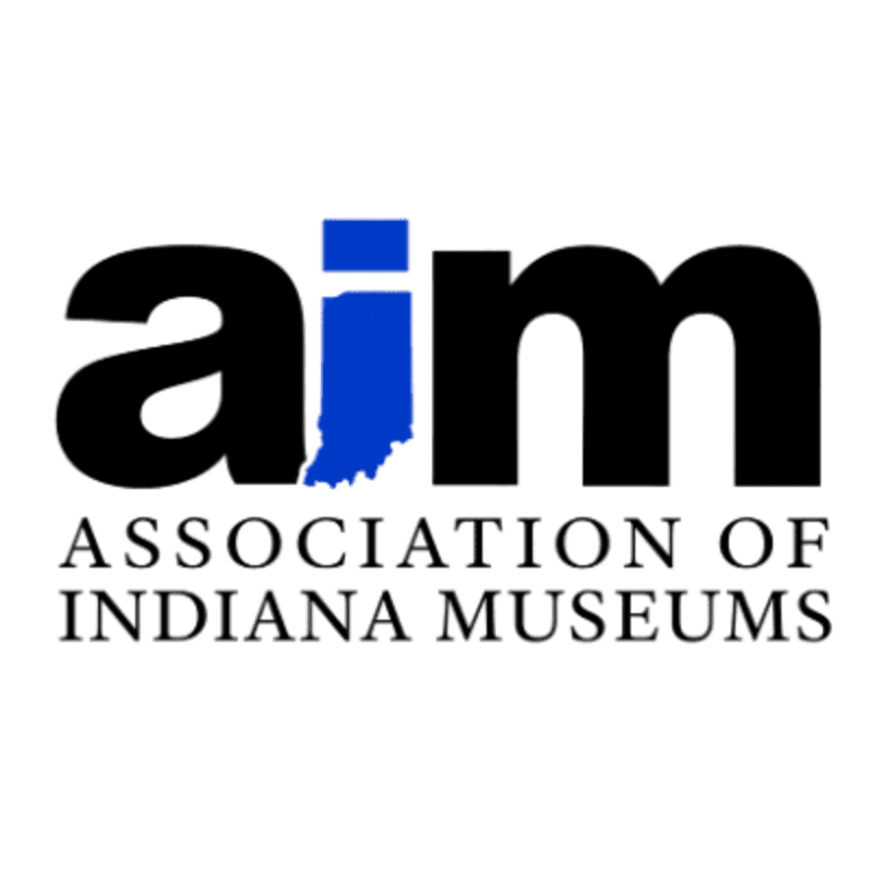 The foreground features the black letters "aim" with a blue outline of Indiana filling the "i", while the background is a clean white space with the text "ASSOCIATION OF INDIANA MUSEUMS" below the letters.