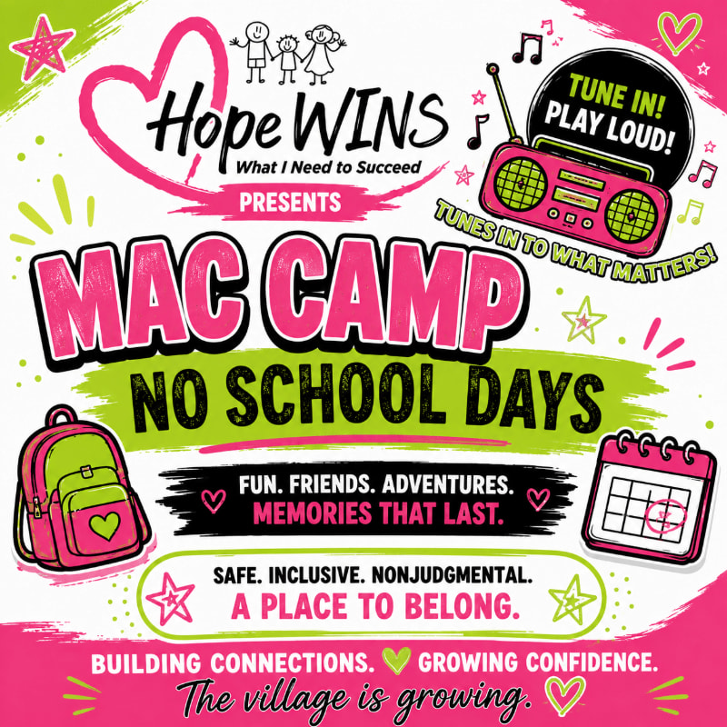 A pink and green graphic advertises "MAC CAMP NO SCHOOL DAYS" with a backpack and calendar in the foreground and a retro radio in the background.