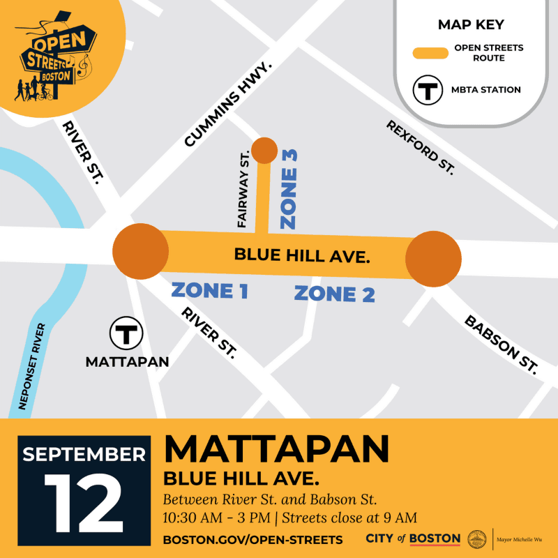 A map of Mattapan highlights Blue Hill Avenue as an open street route on September 12th, with the Neponset River visible in the background.