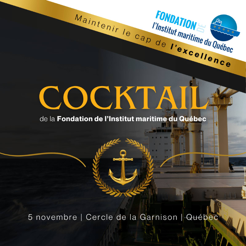 A golden anchor emblem is centered on a dark background with text announcing a cocktail event, while a large ship is visible in the blurred background.