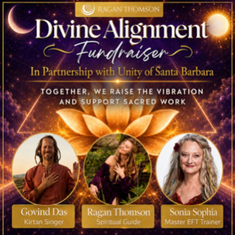 Three individuals are featured in circular portraits against a backdrop of a glowing lotus flower and celestial elements, advertising a "Divine Alignment Fundraiser."