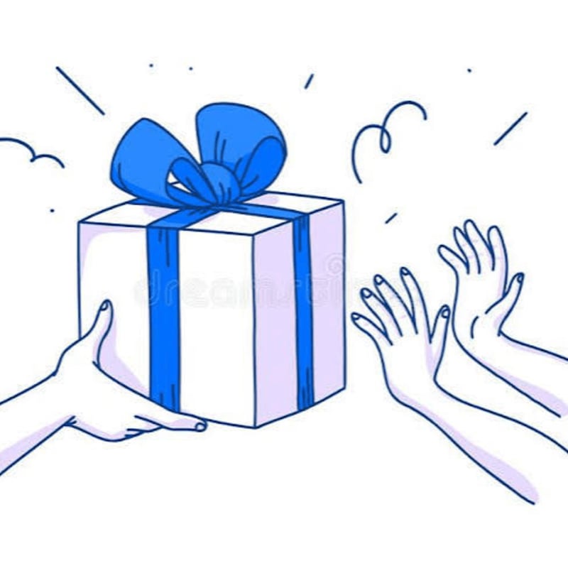 A hand offers a gift-wrapped box with a blue ribbon in the foreground, while two hands reach out in anticipation in the background against a white canvas.