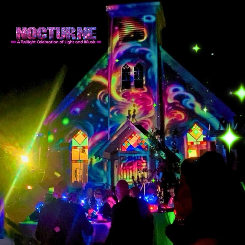 A vibrant, psychedelic light show illuminates a church in the background, while silhouetted figures gather in the foreground.