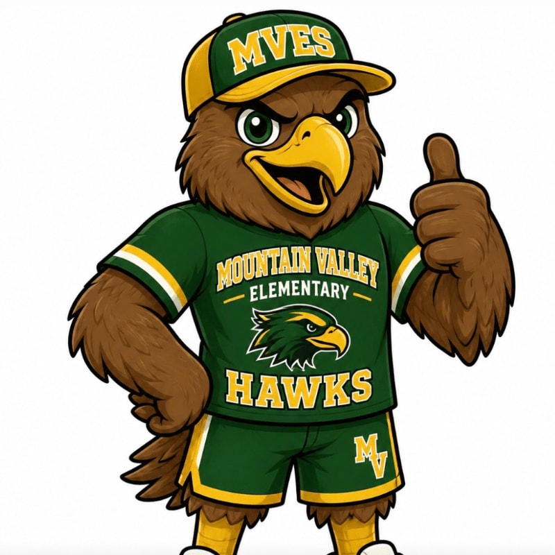 A cartoon hawk mascot in a green and yellow uniform with "MVES" on its cap gives a thumbs up against a white background.