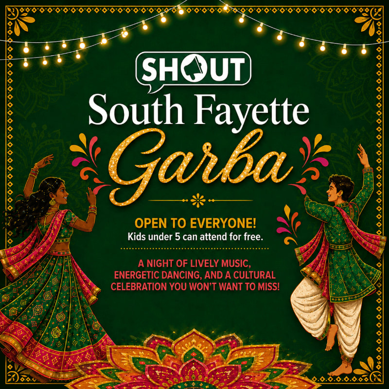 A vibrant poster for South Fayette Garba features dancing figures in the foreground against a dark green background adorned with festive lights and intricate patterns.