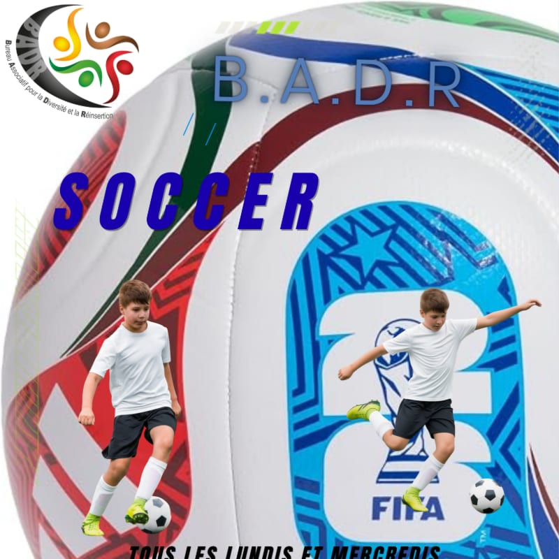 Two young boys in white shirts and black shorts play soccer in front of a large soccer ball with "B.A.D.R SOCCER" written on it, set against a background with the FIFA logo and colorful abstract shapes.