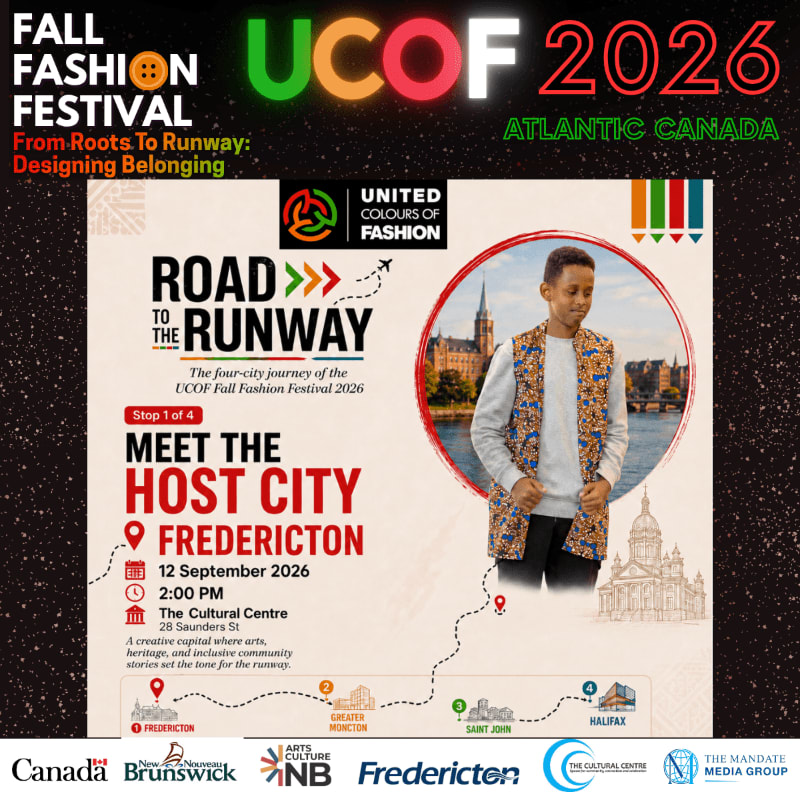 A poster for the UCOF Fall Fashion Festival 2026 in Fredericton features a young man in a patterned jacket in the foreground, with city landmarks and event details in the background.