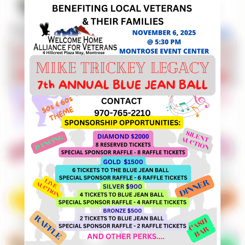 A flyer for the "Mike Trickey Legacy 7th Annual Blue Jean Ball" benefiting local veterans is displayed with sponsorship opportunities listed in the foreground and event details in the background.