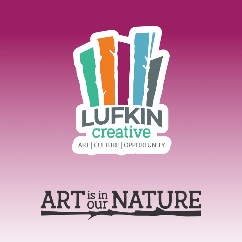 Colorful abstract shapes form the "LUFKIN creative" logo in the foreground, set against a gradient pink and purple background, with the tagline "ART is in OUR NATURE" in black text below.
