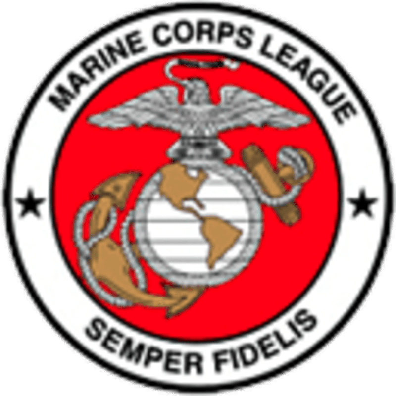 A circular emblem with a red background features the Marine Corps emblem of an eagle, globe, and anchor in the foreground, surrounded by the text "MARINE CORPS LEAGUE SEMPER FIDELIS" and two black stars in the background.