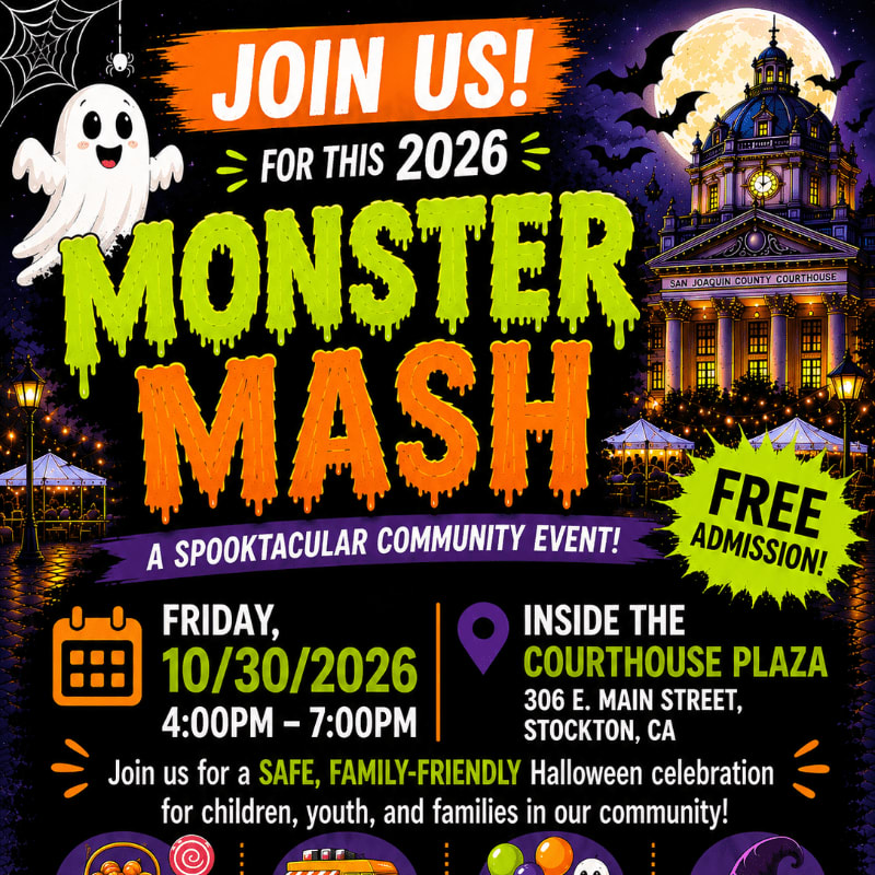 A friendly ghost and spooky bats hover over a vibrant "Monster Mash" event poster, with a grand courthouse illuminated by a full moon in the background.