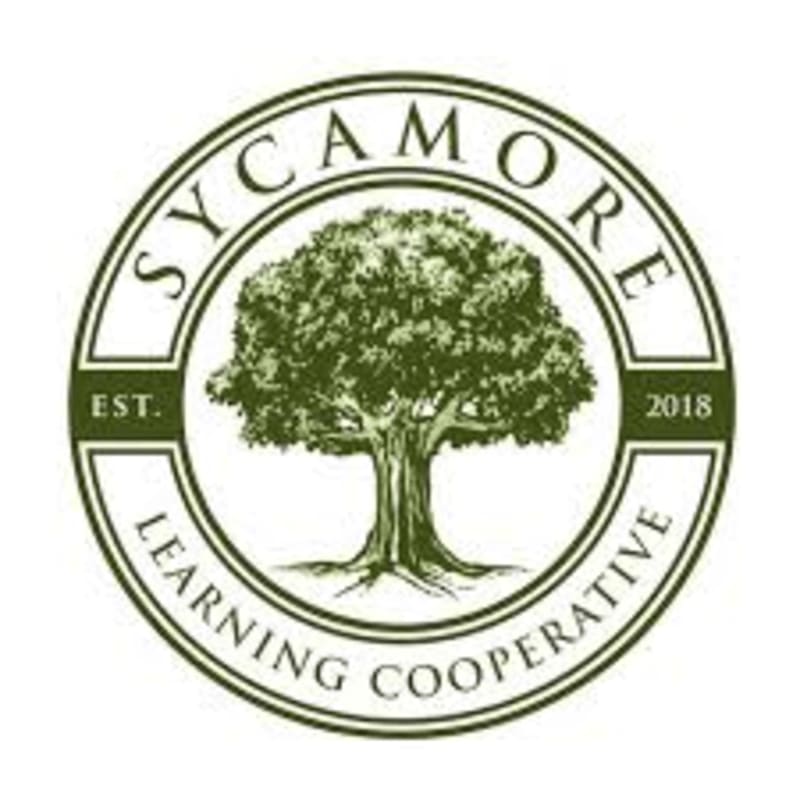 A stylized green tree with visible roots stands in the foreground within a circular emblem that reads "SYCAMORE LEARNING COOPERATIVE EST. 2018" in the background.