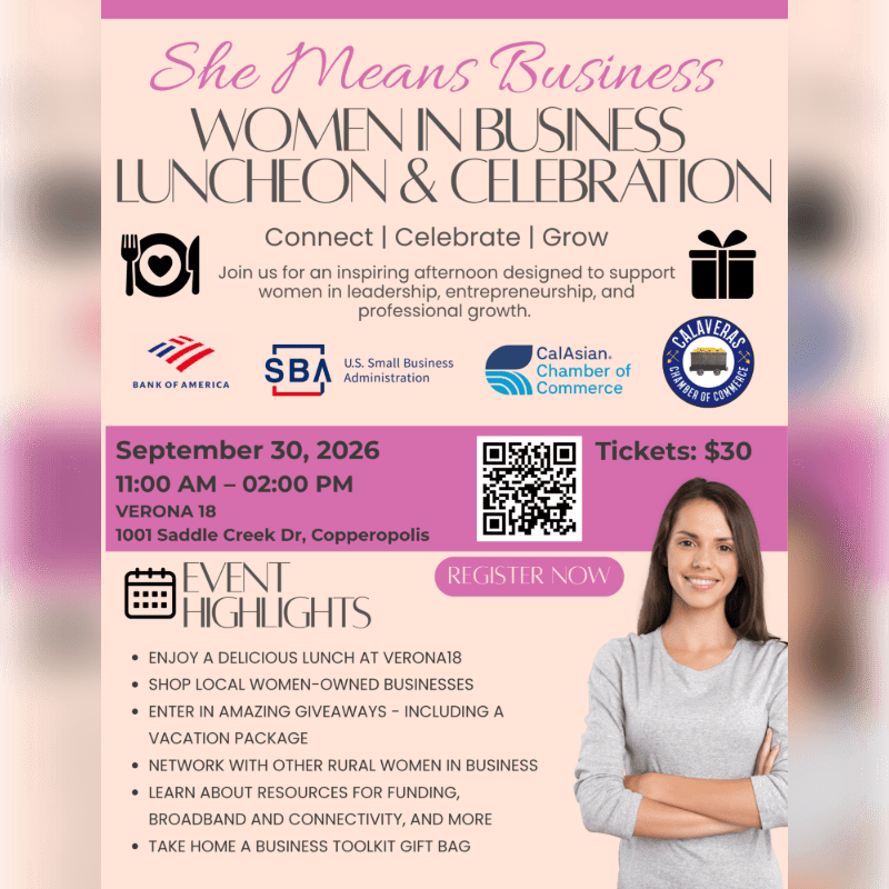 A smiling woman stands in the foreground against a pink background filled with text advertising a "She Means Business" luncheon and celebration for women in business.