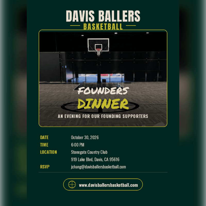 A basketball hoop is centered in the background of a flyer announcing the Davis Ballers Basketball Founders Dinner, with event details listed in the foreground.