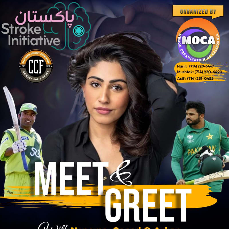 A woman is featured in the foreground with two cricketers in the background, all under a banner for a "Meet & Greet" event organized by MOCA.