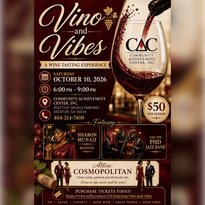 A wine glass is being filled in the foreground, with event details for "Vino and Vibes" on the left and a blurred background of lights.
