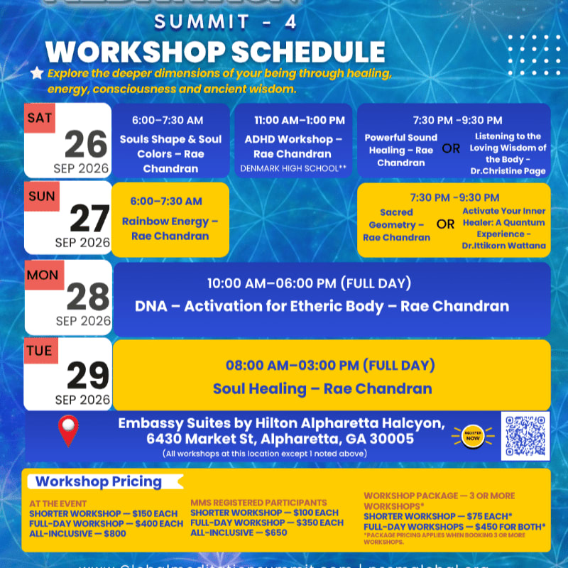 A workshop schedule for Summit 4, detailing sessions from Saturday, September 26th to Tuesday, September 29th, 2026, is presented against a dark blue background with a subtle geometric pattern.