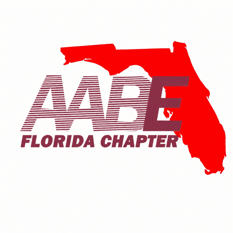 A red outline of Florida overlays a white background, with the letters "AABE" in a striped pattern and "FLORIDA CHAPTER" below it in the foreground.
