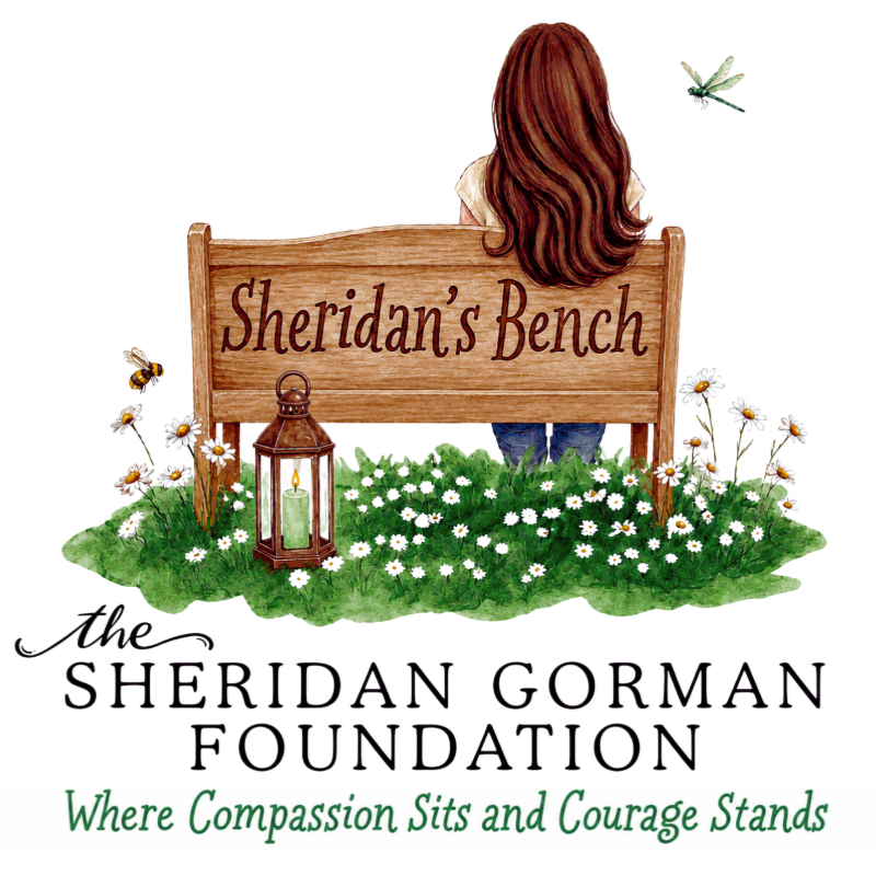 A woman with long brown hair sits on a wooden bench labeled "Sheridan's Bench" amidst a field of white flowers, with a lantern and insects in the foreground and a white background.