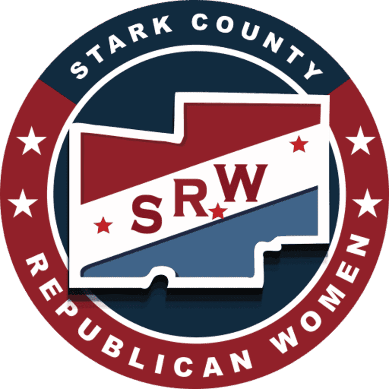 A circular logo with "STARK COUNTY REPUBLICAN WOMEN" around the edge features a stylized map of Stark County in the foreground, divided into red and blue sections with "SRW" in white letters.