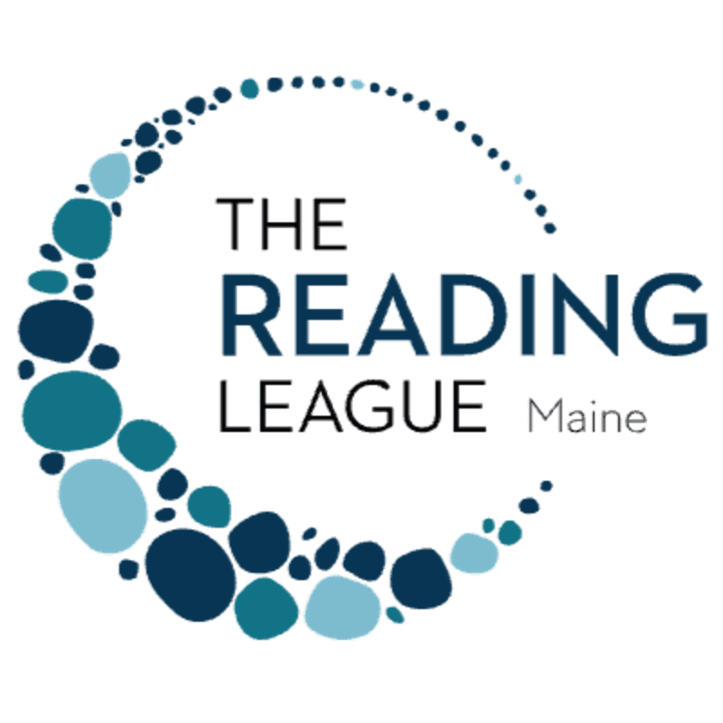 A circular logo with a gradient of blue dots frames the text "THE READING LEAGUE Maine" against a white background.