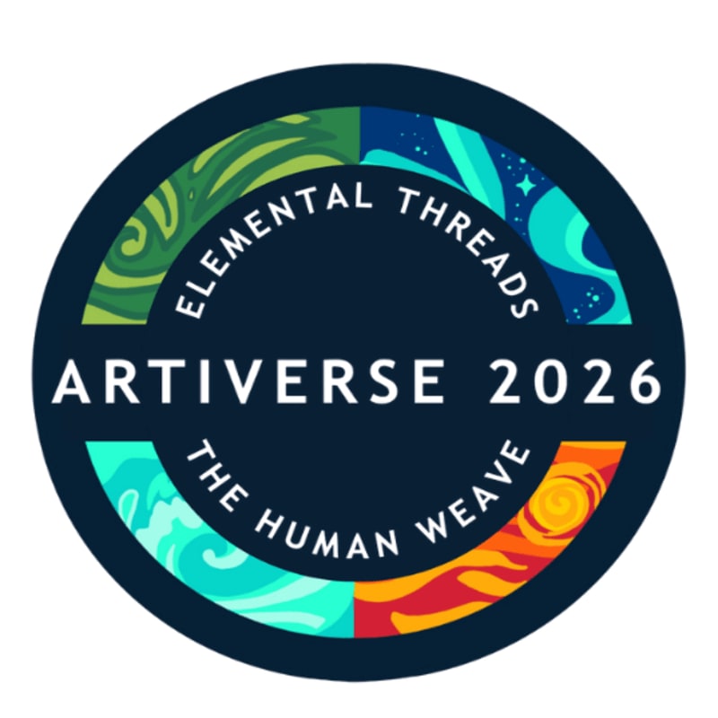 A circular logo with "ARTIVERSE 2026" prominently displayed in white text against a dark blue background, surrounded by the words "ELEMENTAL THREADS" and "THE HUMAN WEAVE" in a lighter blue, with the outer ring divided into four quadrants featuring abstract, colorful designs representing earth, water, air, and fire.