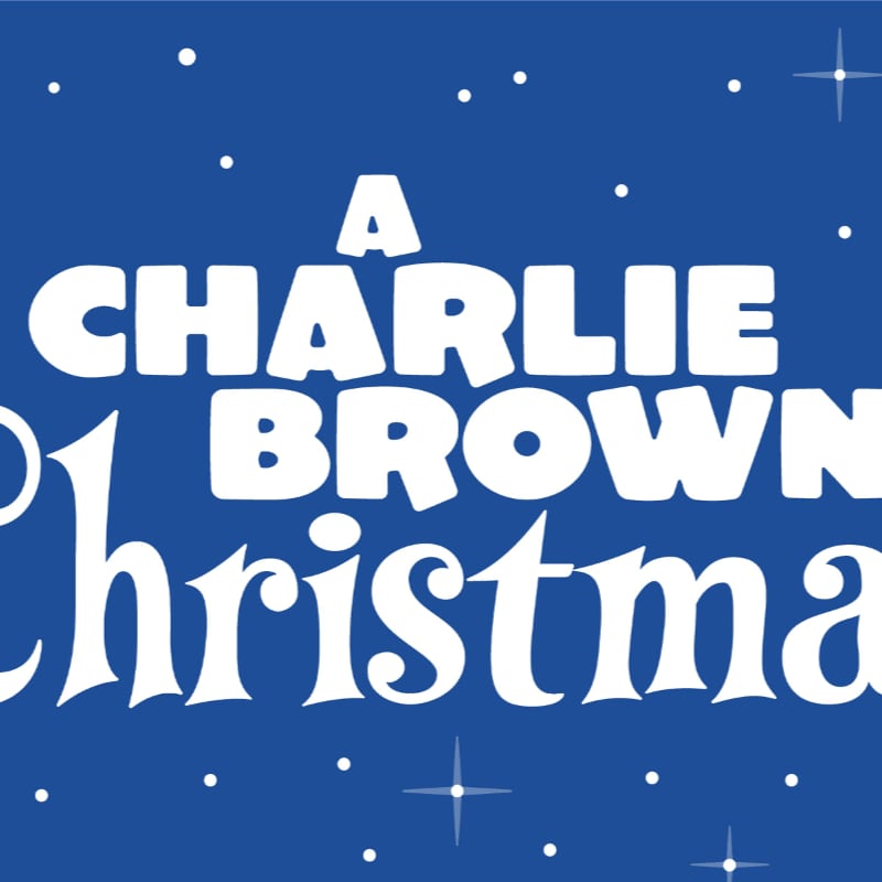 White text reading "A Charlie Brown Christmas" is set against a dark blue background with white dots and starbursts.