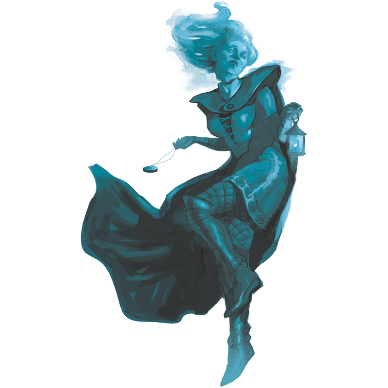 A spectral figure in a dark cloak and boots floats in the foreground, holding a lantern and a locket, against a stark white background.