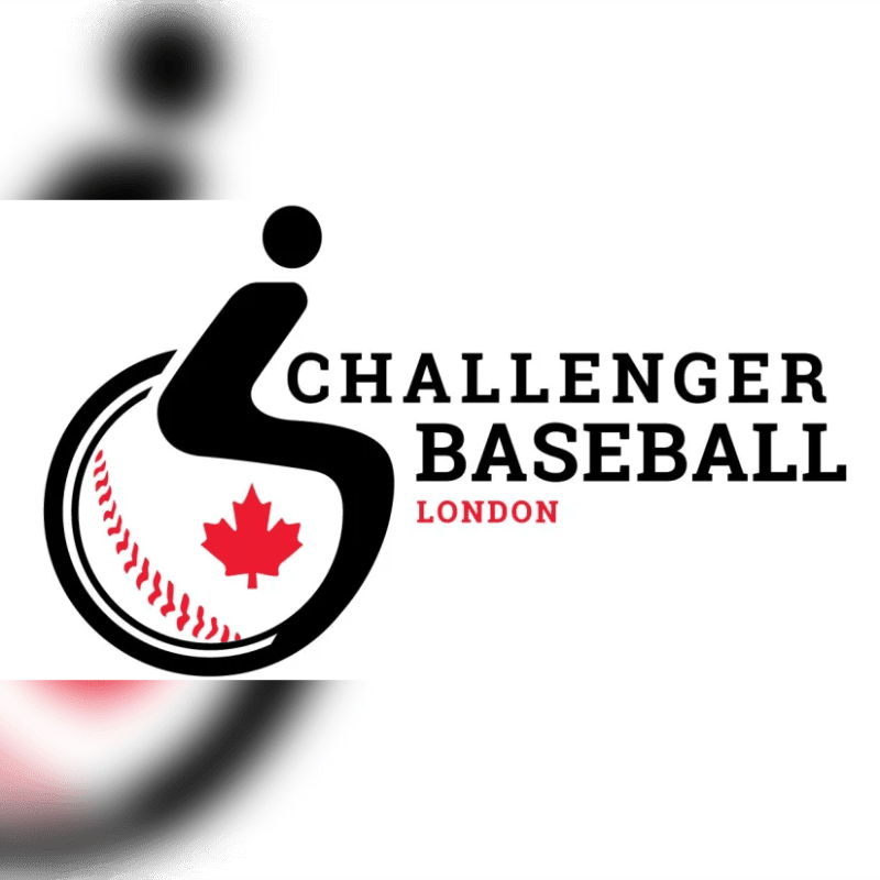 A stylized wheelchair logo with a baseball and Canadian maple leaf is in the foreground, with the words "CHALLENGER BASEBALL LONDON" to its right, against a blurred white and gray background.