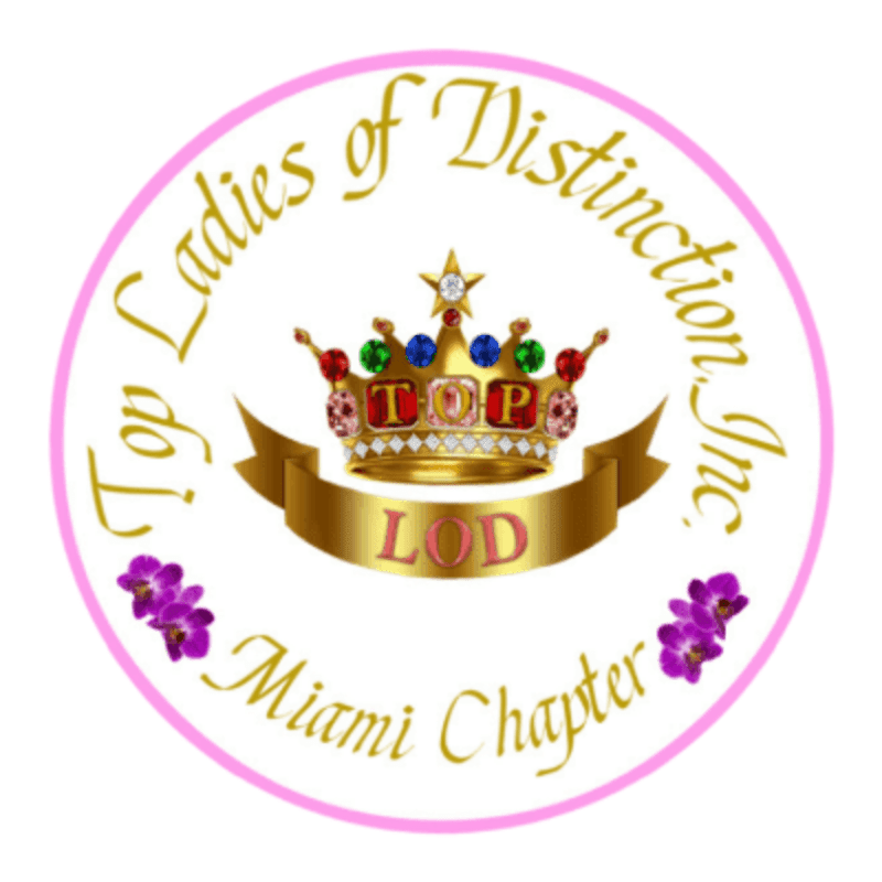A circular logo with a crown and ribbon in the center is surrounded by text and floral accents.
