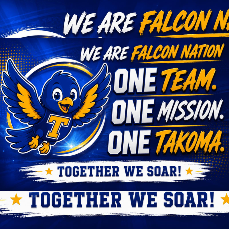 A cartoon falcon mascot with outstretched wings is featured in the foreground against a blue and gold background with motivational text.