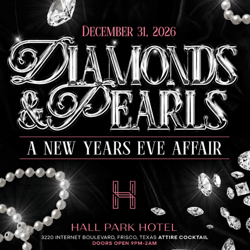Sparkling diamonds and pearls adorn the foreground of a black background advertising a New Year's Eve affair at Hall Park Hotel on December 31, 2026.