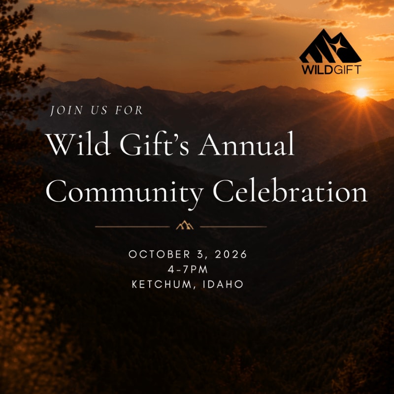 A serene mountain sunset with the Wild Gift logo and event details overlayed on the scene.