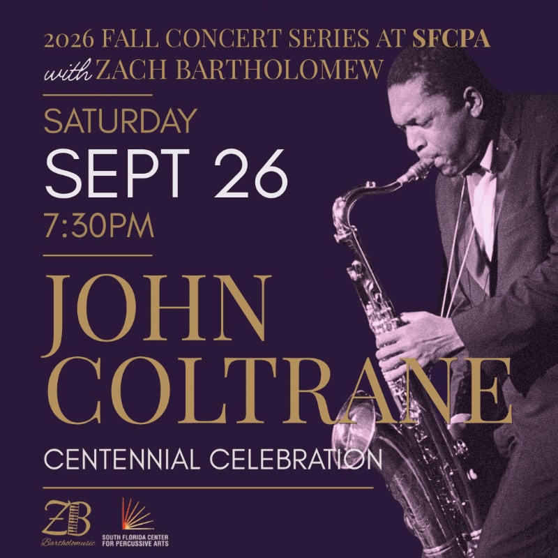 A jazz musician plays a saxophone in the foreground, with event details for a John Coltrane Centennial Celebration concert series in the background.