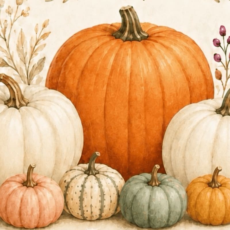 A large orange pumpkin dominates the center foreground, surrounded by smaller white, green, and pink pumpkins, with autumnal foliage and berries in the soft-focus background.