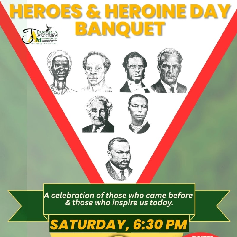 Portraits of historical figures are displayed within a red and white triangular frame against a blurred green background, with event details at the bottom.