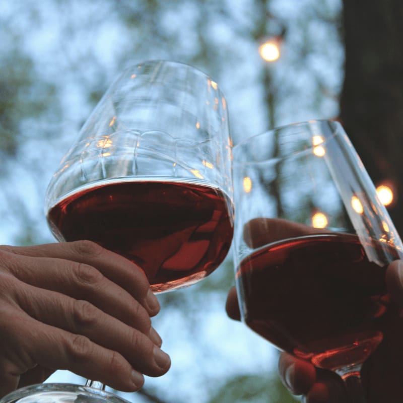 Two hands clink glasses of red wine in the foreground, with blurred fairy lights and trees in the background.