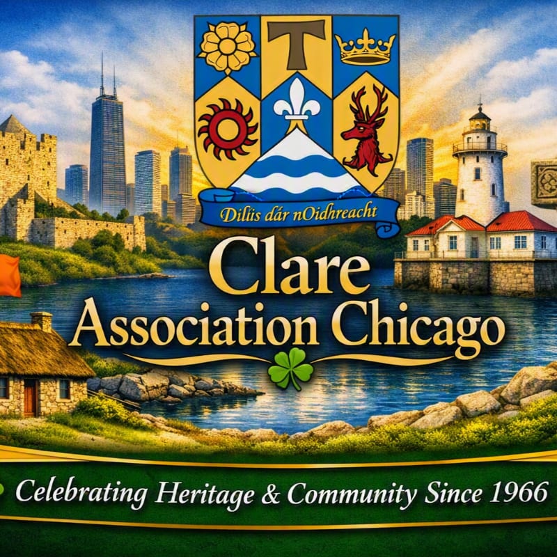A crest with the words "Clare Association Chicago" is superimposed over a scenic background of a lake, a lighthouse, a castle, and a city skyline, with a small cottage in the foreground.