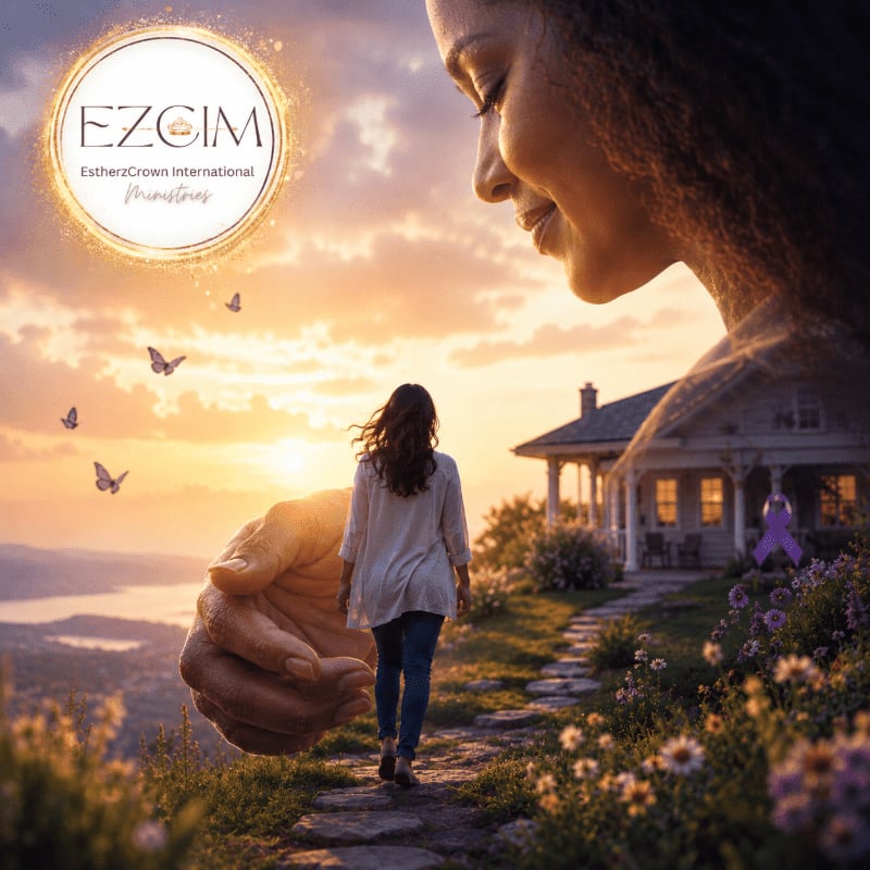 A woman walks on a path towards a house in the background, while a giant hand reaches out to her in the foreground against a sunset sky with butterflies.