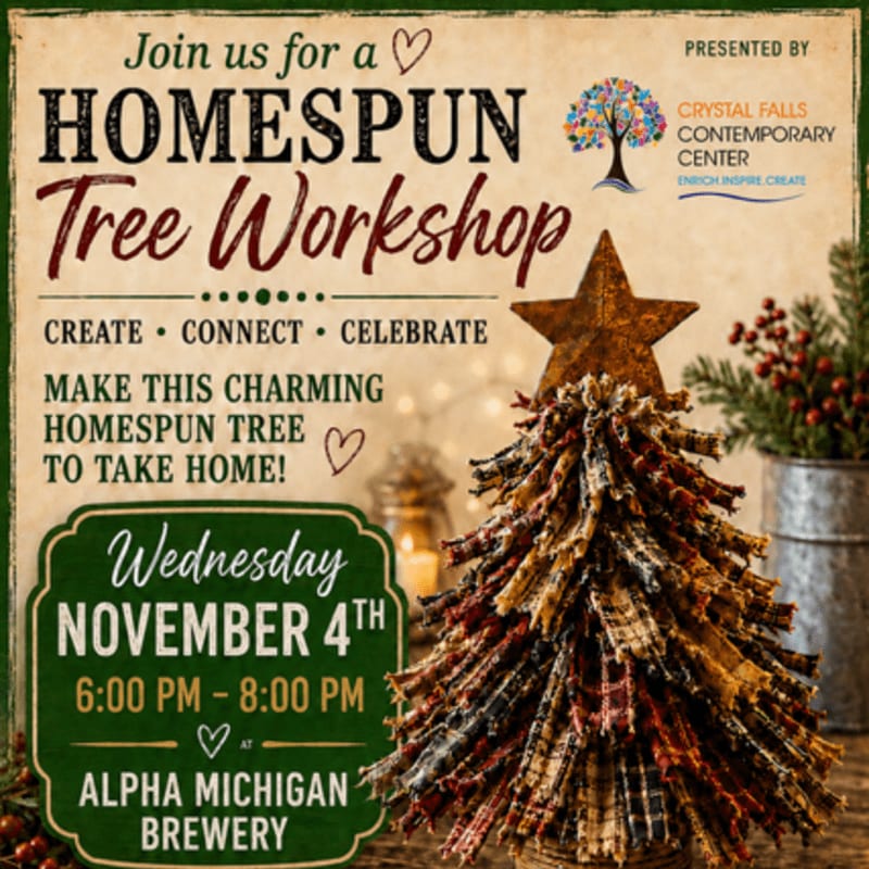 A rustic homespun tree workshop advertisement features a close-up of a fabric tree in the foreground and event details on a textured background.