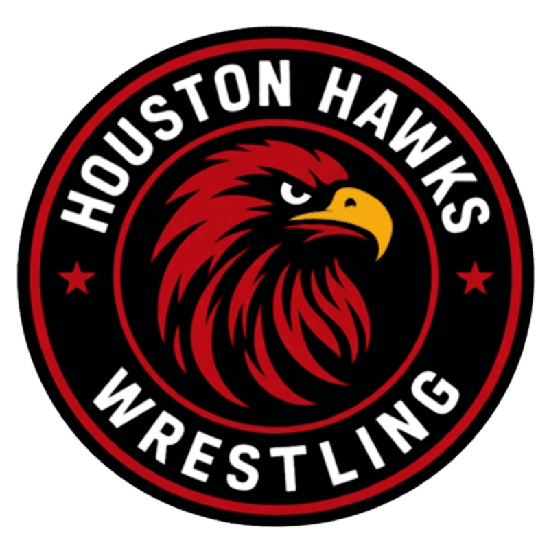 A fierce red hawk with a yellow beak is centered in a black circular logo with "HOUSTON HAWKS WRESTLING" written in white text around the perimeter, set against a white background.