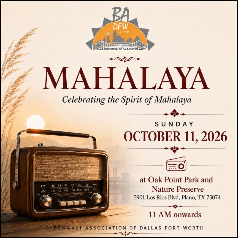 A vintage radio sits in the foreground against a soft, hazy sunset, advertising the Mahalaya celebration by the Bengali Association of Dallas Fort Worth.