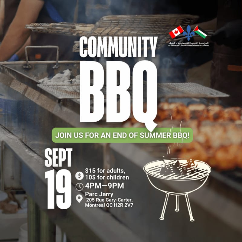 A community BBQ is advertised with details about the event in the foreground, set against a background of grilling food and smoke.