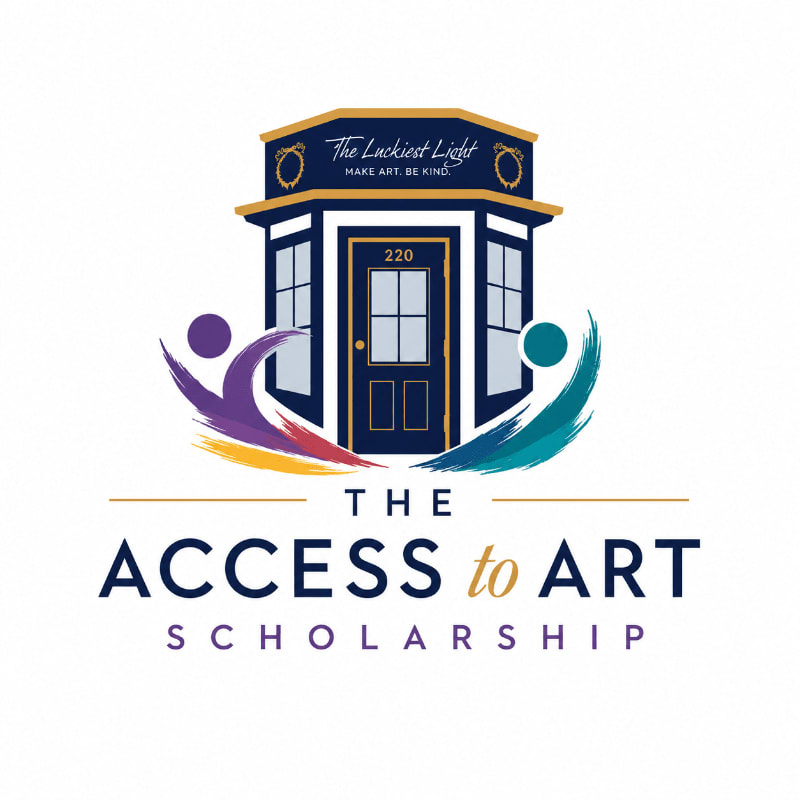A stylized building with colorful abstract figures in the foreground is set against a white background, with text below reading "THE ACCESS to ART SCHOLARSHIP."