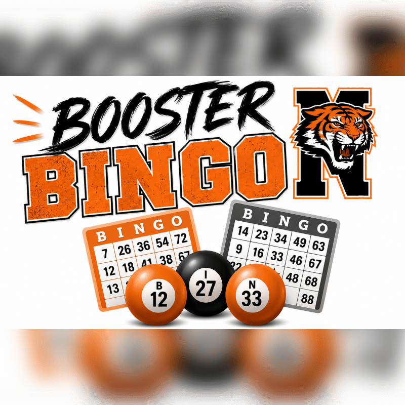 Three bingo balls and two bingo cards are in the foreground, with the words "BOOSTER BINGO" and a tiger mascot in the background.