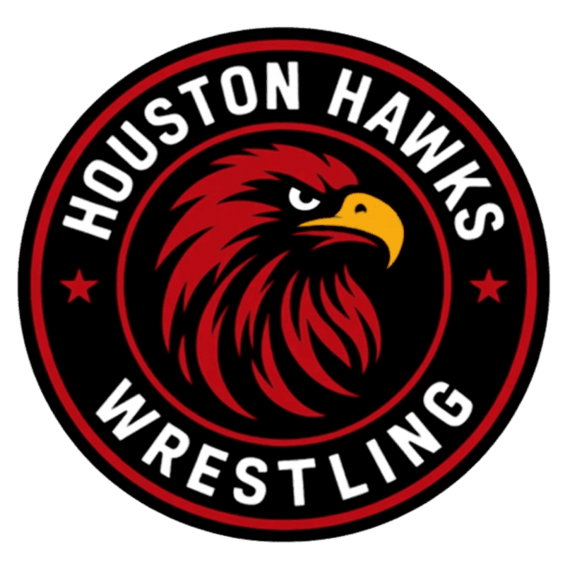 A fierce red hawk with a yellow beak is centered in a black circular logo with "HOUSTON HAWKS WRESTLING" written in white text around the perimeter, set against a white background.