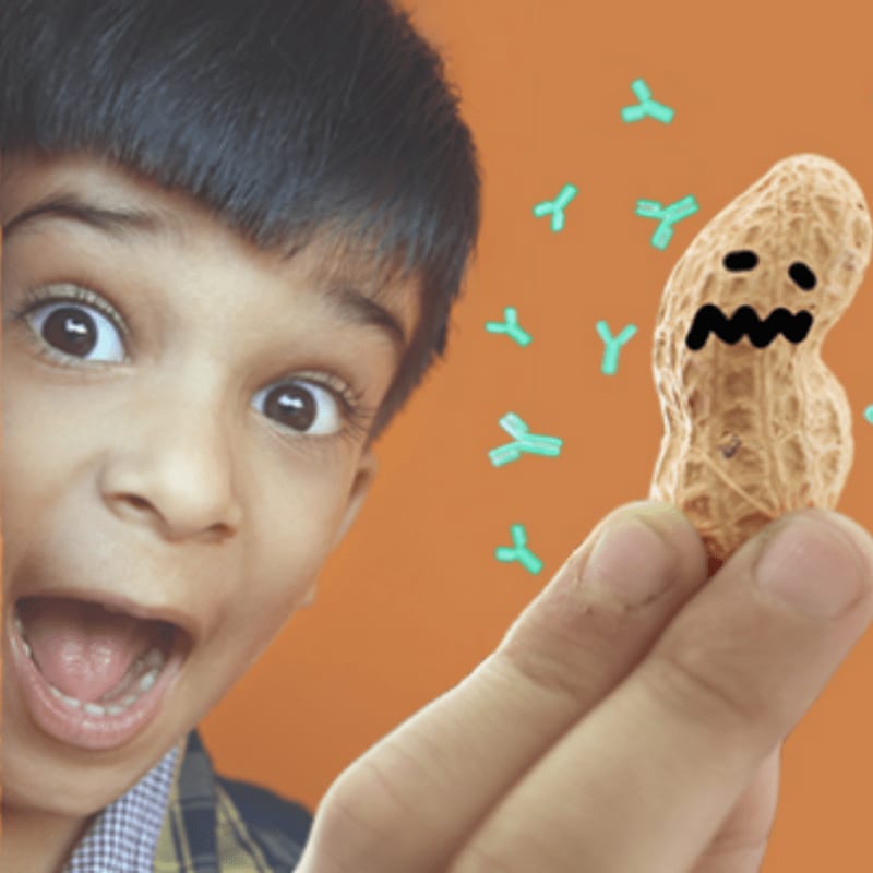 A surprised boy looks at a cartoonish peanut with a scared face, surrounded by antibody-like shapes against an orange background.