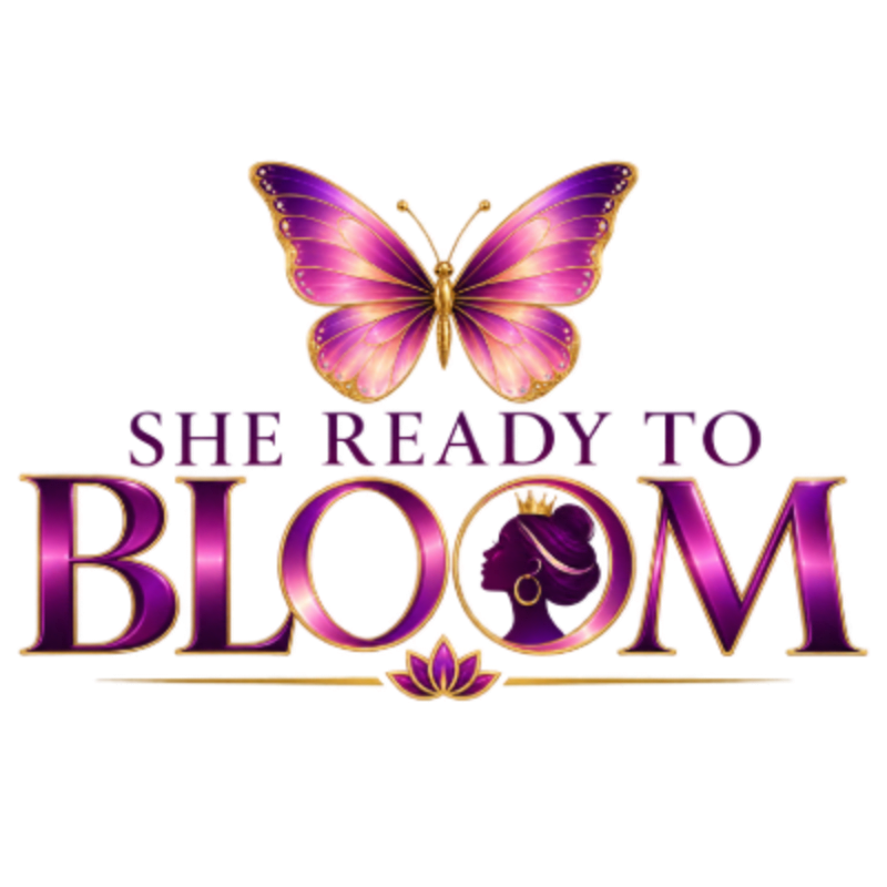 A vibrant purple butterfly hovers above the words "SHE READY TO BLOOM," which are adorned with a silhouette of a crowned woman and a lotus flower, all set against a white background.